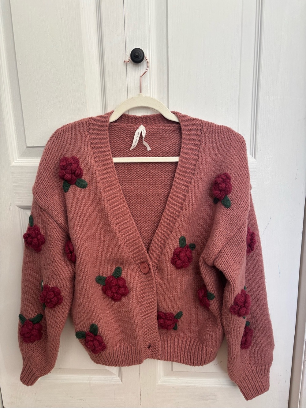 Dreamers Dusty Rose Cardigan with Burgundy Floral Appliqués